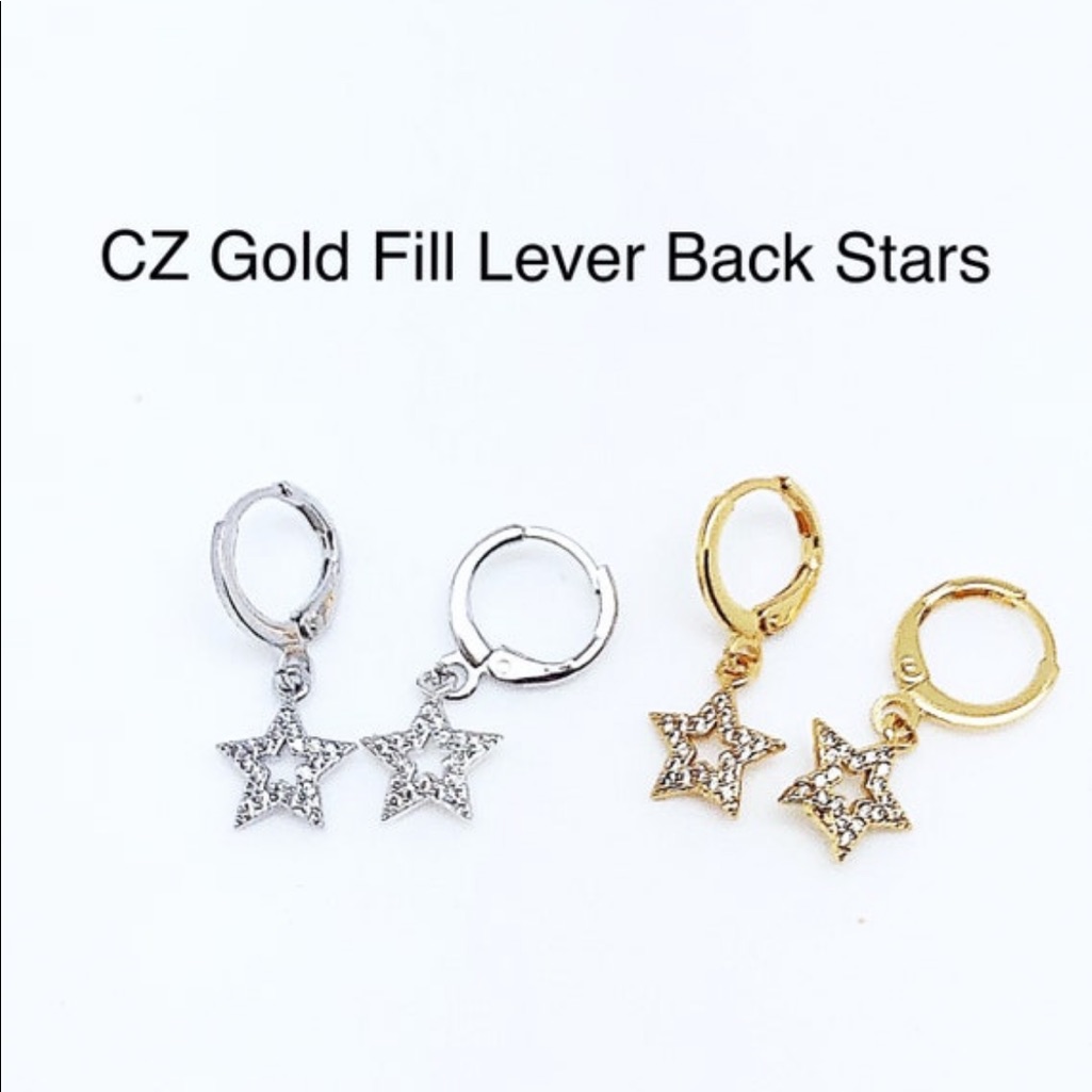 Tiny Cz Star Dangle Huggies White & Yellow 18k Gold Filled, Nwt, Ships Gift Box